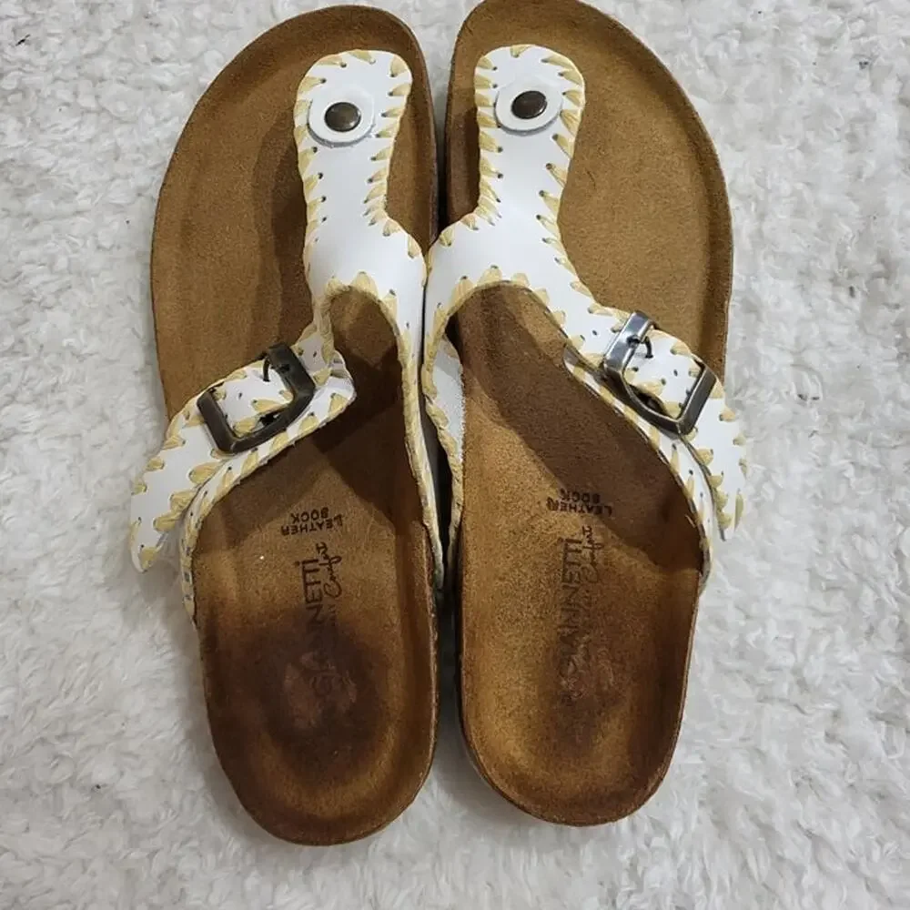 Giannetti made in Italy White Leather Raffia Trim cork Sandal Size  9.5